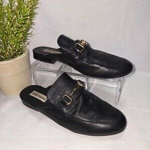 STEVE MADDEN BLACK KANDI SLIP ON MULES WITH GOLD BUCKLE ACCENT WOMENS SIZE 8.5